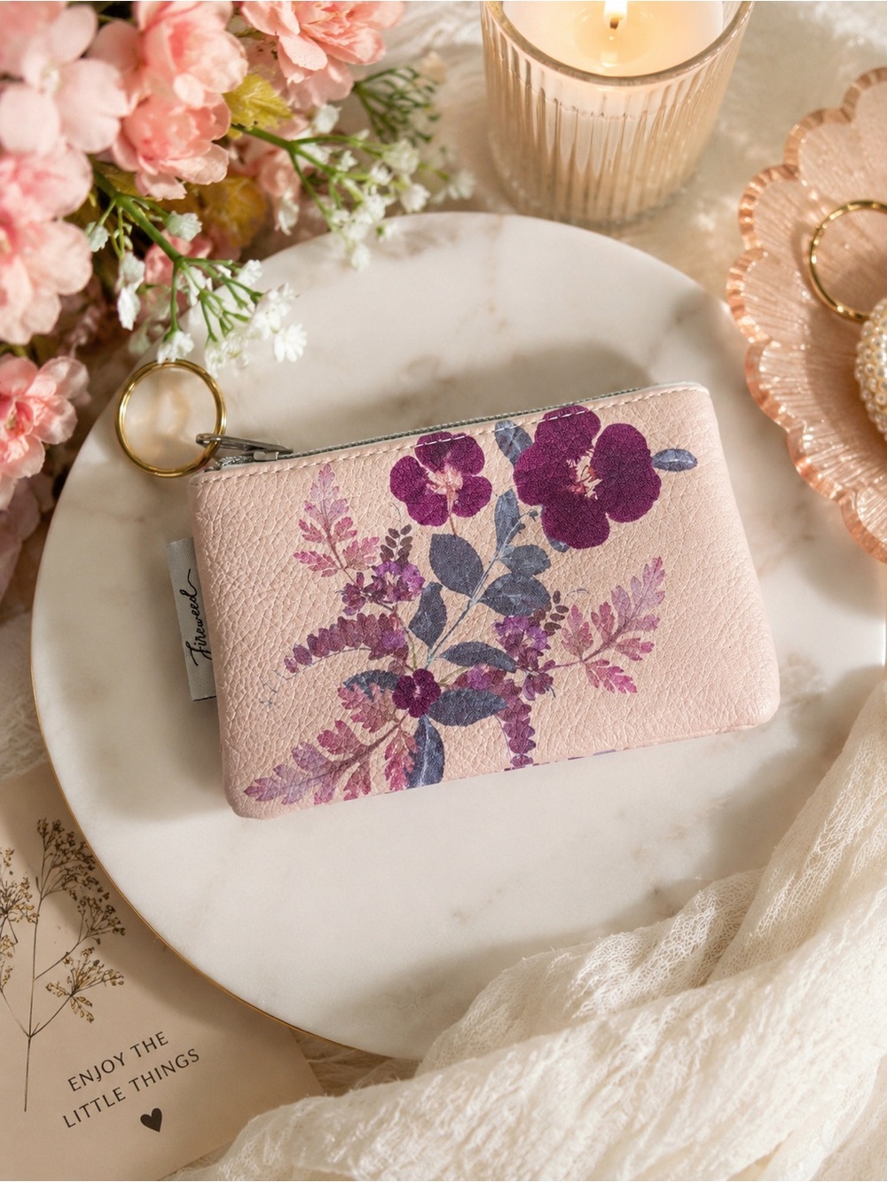 Floral Coin Purse Key Pouch Mini Wallet Pink Vegan Leather